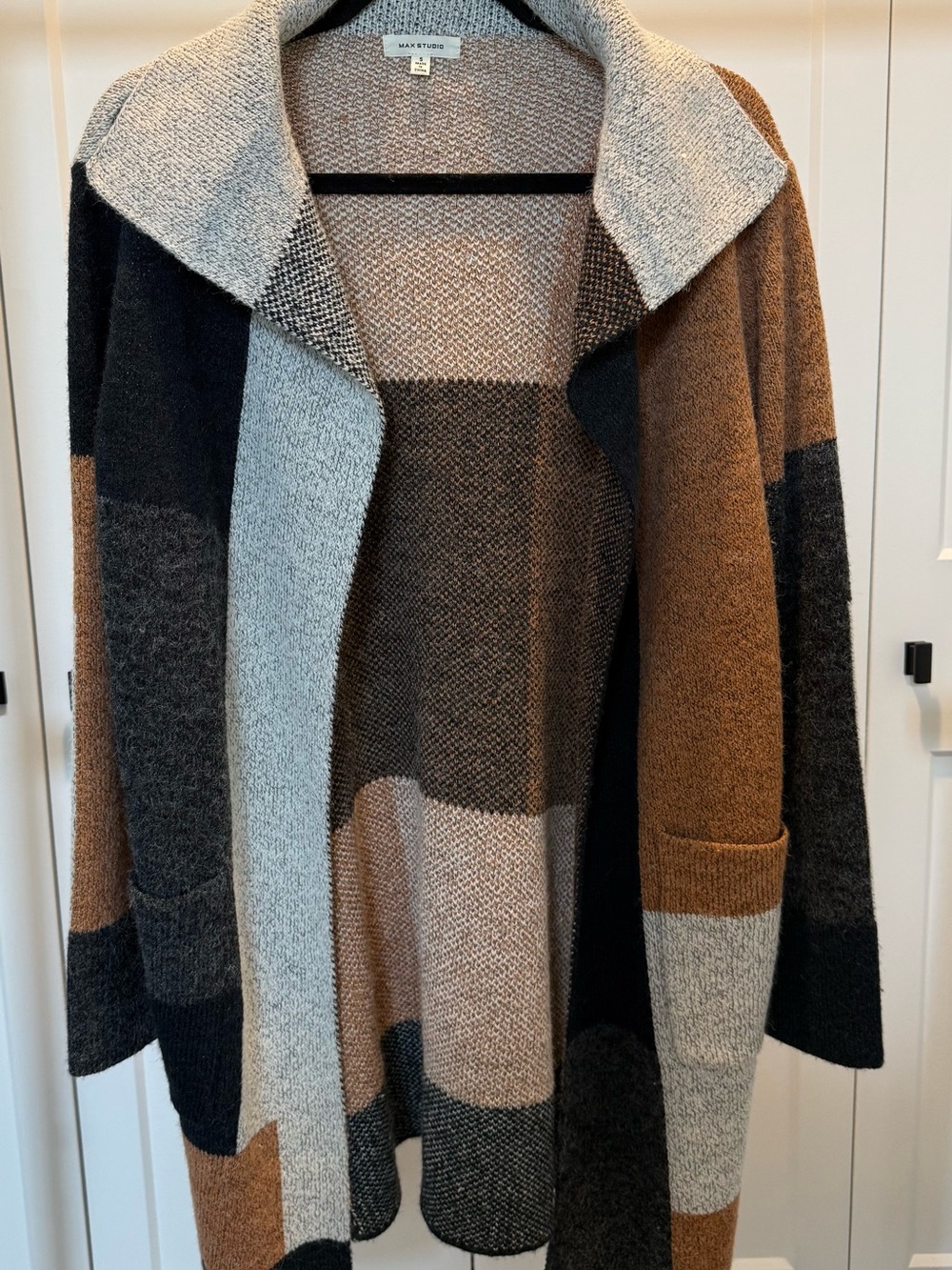 Max Studio Taupe Gray Black Colorblock Open Cardigan